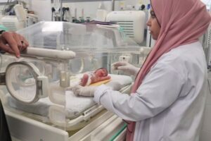 Sabreen Jouda lies in an incubator in the al-Helal hospital in Rafah, southern Gaza
