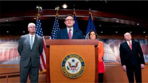 House Speaker Mike Johnson, centre, said the need to support Israel had united Republicans