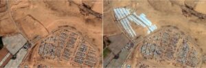 This combination aerial images provided by Maxar Technologies, shows an area before a tent camp was built near Rafah in Gaza on April 7, 2024, left, and after the tents were built on April 23, 2024