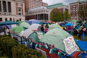 Student demonstrators gather in a tent camp on the campus of Columbia University in New York City on April 24