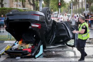 The car of National Security Minister Itamar Ben Gvir after an accident in Ramle, April 26, 2024. The minister was lightly injured