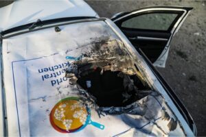A destroyed car of the NGO World Central Kitchen near Deir el-Balah