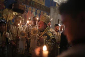 Palestinian Christians taking part in Palm Sunday celebrations at the Greek Orthodox Church of Saint Porphyrius, in Gaza City five years ago.