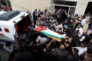 RAMALLAH, WEST BANK – APRIL 14: People attend the funeral ceremony held for 17-year-old Palestinian Omar Ahmed Abdulgani Hamid, killed during the armed attack by Jewish settlers in Ramallah, West Bank on April 14, 2024.