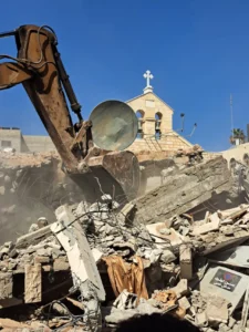 Some of the damaged buildings around the Greek Orthodox Church of Saint Porphyrius in Gaza City, in a photo taken by A.