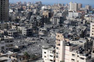 A devastated quarter of the al-Rimal area in the heart of Gaza City after Israeli strikes, 23 October 2023.