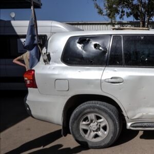 The car in which a UN staff member was killed and another injured after their vehicle came under fire in Rafah