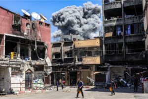 A smoke plume rises during Israel’s bombardment of Jabalia in the northern Gaza Strip on Tuesday, May 14