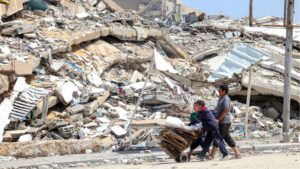Palestinian youth collect cardboard and wooden pallets in Beit Lahya in the northern Gaza Strip on May 4, 2024