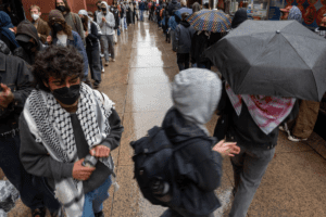 Pro-Palestinian students and other supporters gather outside Elmer Holmes Bobst Library at New York University in May.