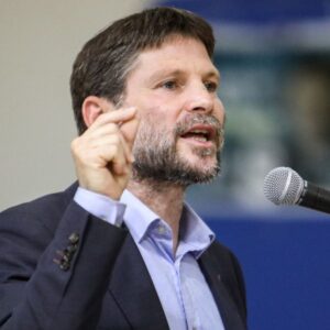 Bezalel Smotrich, Israeli finance minister, speaks during a rally with supporters in the southern Israeli city of Sderot