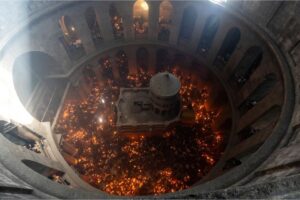 Christian pilgrims during the Holy Fire ceremony, a day before Easter, at the Church of the Holy Sepulchre in Jerusalem’s Old City