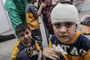 Wounded children receive treatment at ‎al-Najjar Hospital in Rafah