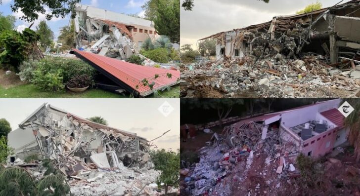 Photos posted online by Israel and a video posted by The Telegraph show multiple buildings in Kibbutz Be’eri that were clearly heavily shelled with the kind of ordnance only available to Israel.