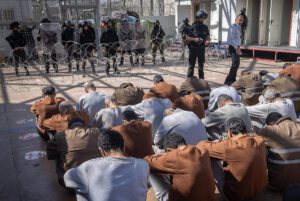 Prisoners seen at a courtyard in a prison in southern Israel, February 14, 2024.