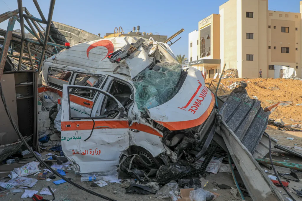 A destroyed ambulance seen at Nasser Hospital in the southern Gaza Strip city of Khan Younis, on Feb. 28, 2024