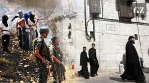 Photomontage of Armenian Quarter of Jerusalem’s Old City, Israeli settlers and Israeli soldiers