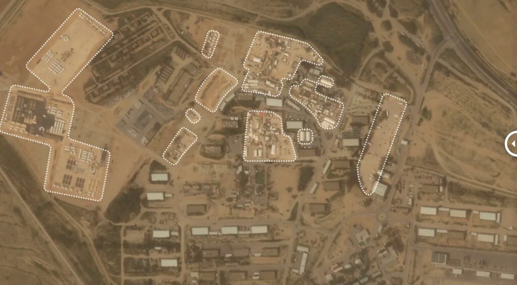 Since October 7, more than 100 structures, including large tents and hangars, appeared within these areas of the Sde Teiman desert camp. Planet Labs PBC