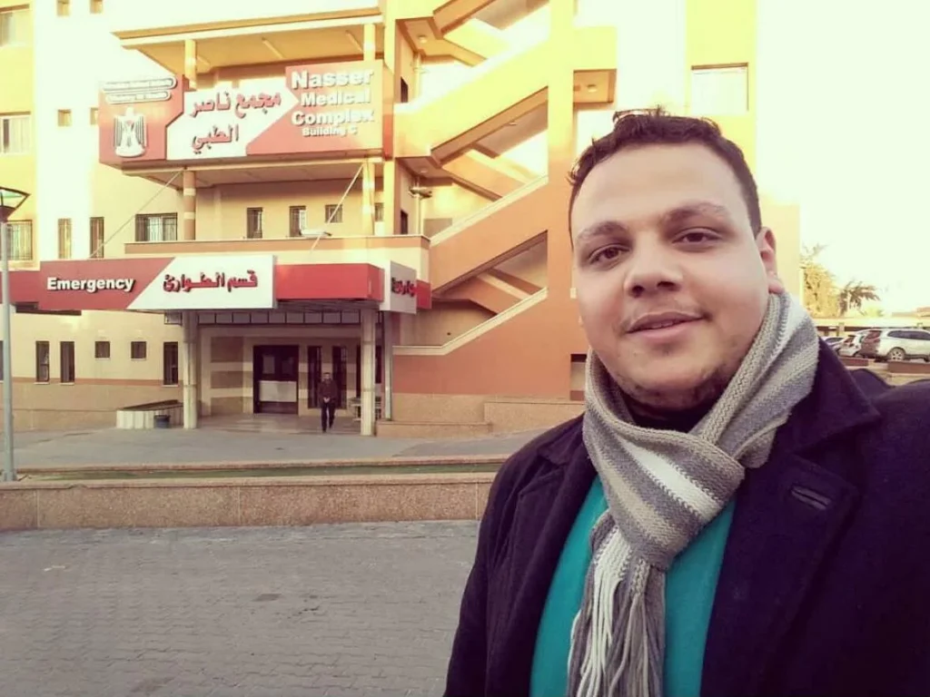 Khaled Al Serr in a selfie taken in front of Nasser Hospital in Khan Younis, Gaza Strip, in Jan. 2018