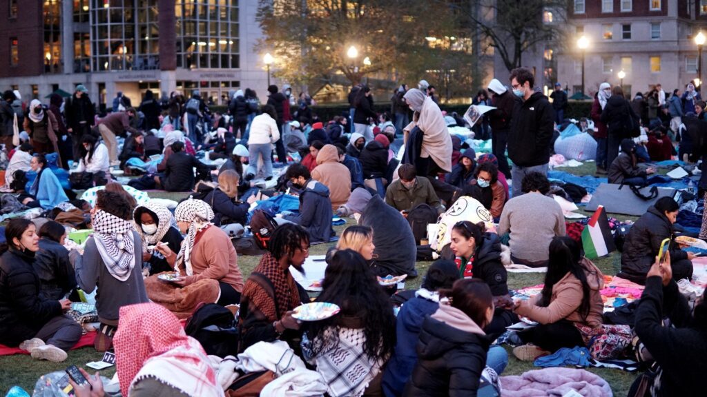 Students gather to talk, eat and learn at the Gaza solidarity encampment at Columbia University