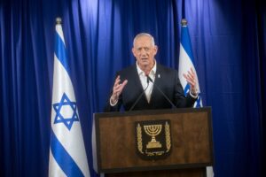 Benny Gantz, war cabinet minister and head of the National Unity Party, holds a press conference in Ramat Gan, May 18, 2024.