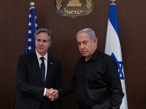 Secretary of State Antony J. Blinken meets with Israeli Prime Minister Benjamin Netanyahu in Tel Aviv on October 16, 2023.