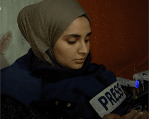 A female Palestinian journalist in Gaza, February 2024