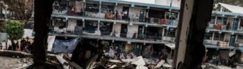 A view of destruction inside the United Nations Relief and Works Agency for Palestine Refugees (UNRWA) school sheltering thousands of people, in Nuseirat Refugee Camp, Gaza Strip, Gaza on 06 June, 2024