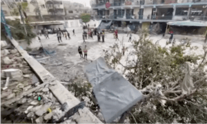 A view of the damage at United Nations-run al-Sardi school in central Gaza’s Nuseirat refugee camp