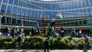 Protest in Switzerland demanding that Israel be banned from Paris 2024 Olympic Games