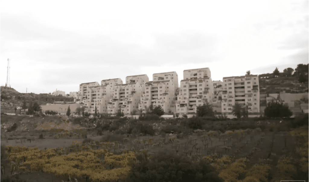 An Israeli settlement, built on Palestinian land. Settlements are considered illegal under international law.