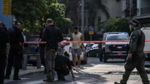 A view of the destruction following an explosion caused by an unmanned aerial vehicle (UAV) attack near the United States Embassy in Tel Aviv, Israel on July 19, 2024