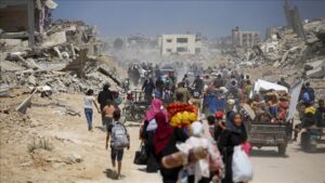 Palestinians, including women and children, living in the east of Khan Younis city move towards safe areas with whatever belongings they can take with them after Israel announced that an operation will be carried out and ordered the Palestinians to evacuate the area immediately in Khan Yunis, Gaza on July 22, 2024.