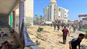 A view of destruction after Israeli attack on field hospital in Deir al-Balah, Gaza on July 27, 2024. 31 Palestinians were killed and dozens injured in the shelling of the field hospital in Haditha School.