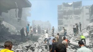 A view of a collapsed building after an Israeli attack on the Shati Refugee Camp leaving 32 Palestinians, including children dead in Gaza City, Gaza on June 22, 2024