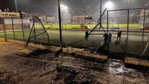 A view of the damage to the soccer field after a missile attack on the town of Majdal Shams in the northern Golan Heights, Israel on July 27, 2024.