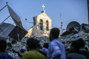 A view of the damaged historical Greek Orthodox Saint Porphyrius Church, where civilians took shelter, after Israeli airstrike in Gaza City, Gaza on October 20, 2023. [Ali Jadallah – Anadolu Agency]