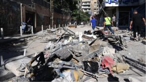 A view of street, filled with debris, following the Israeli attack on a building in Beirut, Lebanon on July 31, 2024. The Israeli army also claimed that it killed key Fuad Shukr, Hezbollah's top military commander, in the strike.