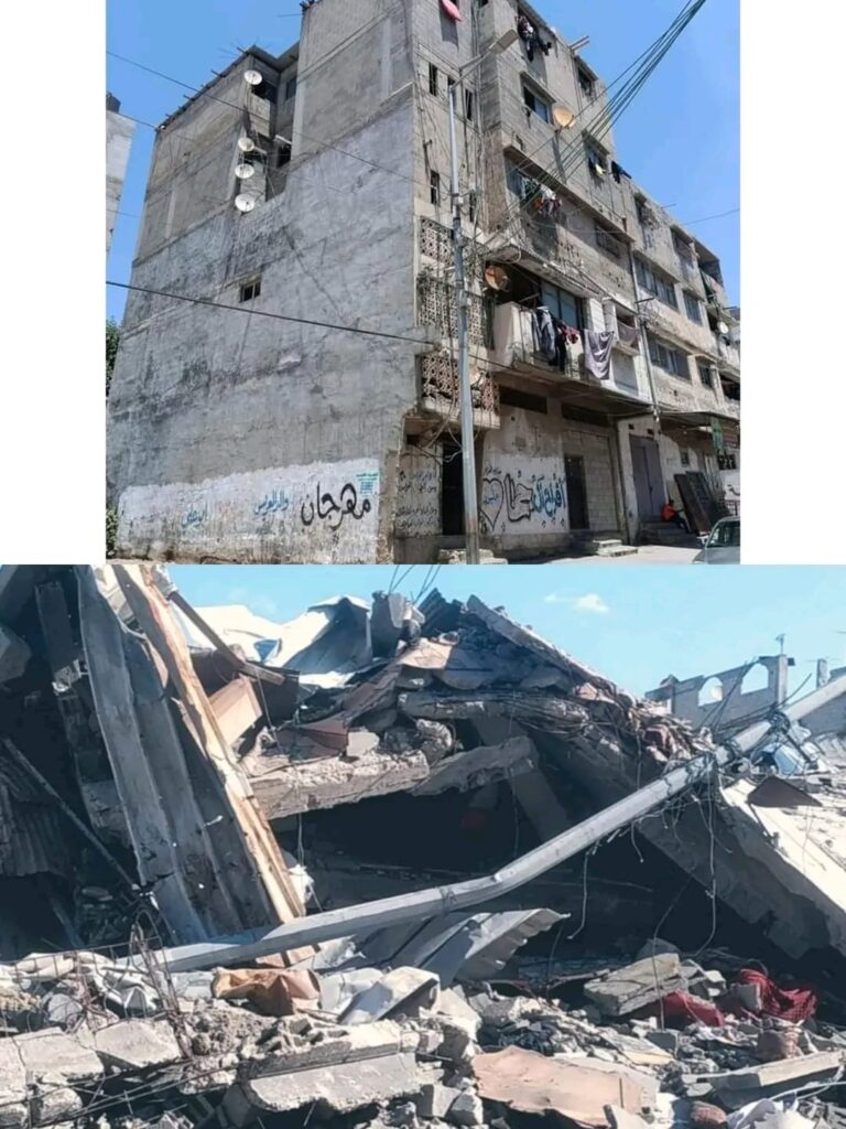 The building where Anas Juha and his family lived, before and after an Israeli airstrike destroyed it and killed residents inside in December 2023, in Gaza City. (Courtesy of Anas Juha)