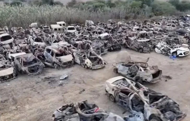 Drone footage released by the Israeli military in November shows the extent of the destruction of the cars fleeing the Supernova rave on October 7, likely inflicted by Israeli drones and helicopters.