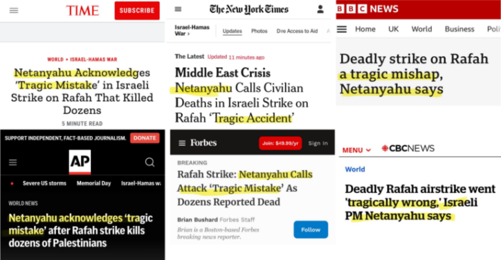 Al Jazeera+ media critic Sana Saeed (X, 5/27/24) called the writers of such headlines “propagandists for genocide masquerading as journalists.”