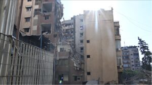 A view of partially destroyed building, in which the Israeli army assassinated Fouad Shukr, Beirut, Lebanon on July 31, 2024.