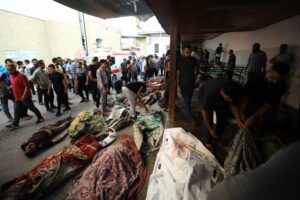 Palestinians mourn after an Israeli attack at the Et-Tabiin school where displaced people took shelter in the Ed-Deraj neighborhood in Gaza City, Gaza on August 10, 2024. [Dawoud Abo Alkas – Anadolu Agency]