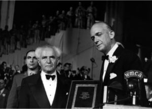 David Ben-Gurion, Israel’s first prime minister, and American businessman Rudolf Sonneborn at the launch of the Israeli Bond Campaign at Madison Square Garden in New York City in May 1951. Photograph: Archive Photos/Getty Images