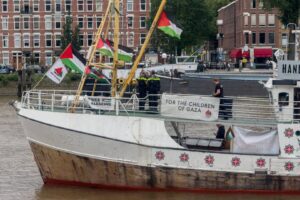 The ship named Handala, belonging to the Freedom Flotilla (Ship to Gaza), which set sail from the capital of Norway, Oslo, on May 1st with the aim of delivering humanitarian aid to Gaza arrives in Rotterdam, Netherlands on 25 May, 2024 [ Abdullah Asiran/Anadolu via Getty Images]