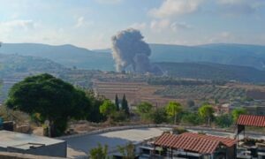 Smoke billows from the site of an Israeli airstrike on Zibqin, southern Lebanon, on 25 August 2024. Photograph: Kawnat Haju/AFP/Getty Images