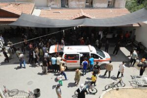 Lifeless bodies of Palestinians, who lost their lives in Israeli attack on a coast, are brought to Al-Ahli Baptist Hospital for burial in Gaza City, Gaza on August 26, 2024 [Dawoud Abo Alkas – Anadolu Agency]