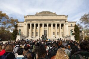 Students protest Columbia University’s decision to suspend Students for Justice in Palestine and Jewish Voice for Peace chapters for holding pro-Palestine events on campus, in NYC on Nov. 15, 2023. Photo: Shawn Inglima for NY Daily News via Getty Images