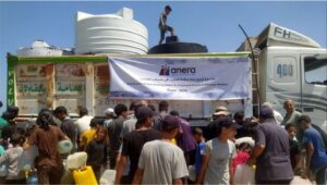 American Near East Refugee Aid staff deliver water to displaced people in Gaza. All five of those killed worked for a transportation company that was providing logistics and security for Anera © Anera