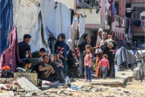 Thousands of displaced Palestinians on their way to find somewhere to stay after Israeli authorities order them to evacuate an area once declared a safe humanitarian zone due, in the eastern part of Khan Younis, Gaza, on July 23. Abed Rahim Khatib/Anadolu via Getty Images